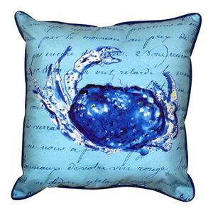Blue Crab with Script Accent Throw Pillow Indoor Outdoor 18 X 18 Inches
